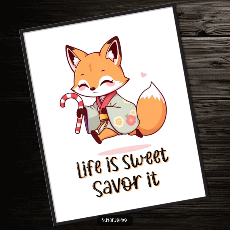 Funny Free Printable Wall Art: A playful fox in a colorful kimono skipping with a candy cane, downloadable art.