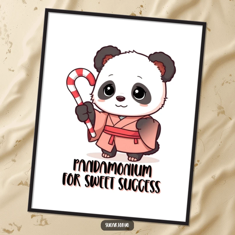 Funny Free Printable Wall Art: Curious panda in a formal silk kimono holding a swirled candy cane, looking sweet and charming.
