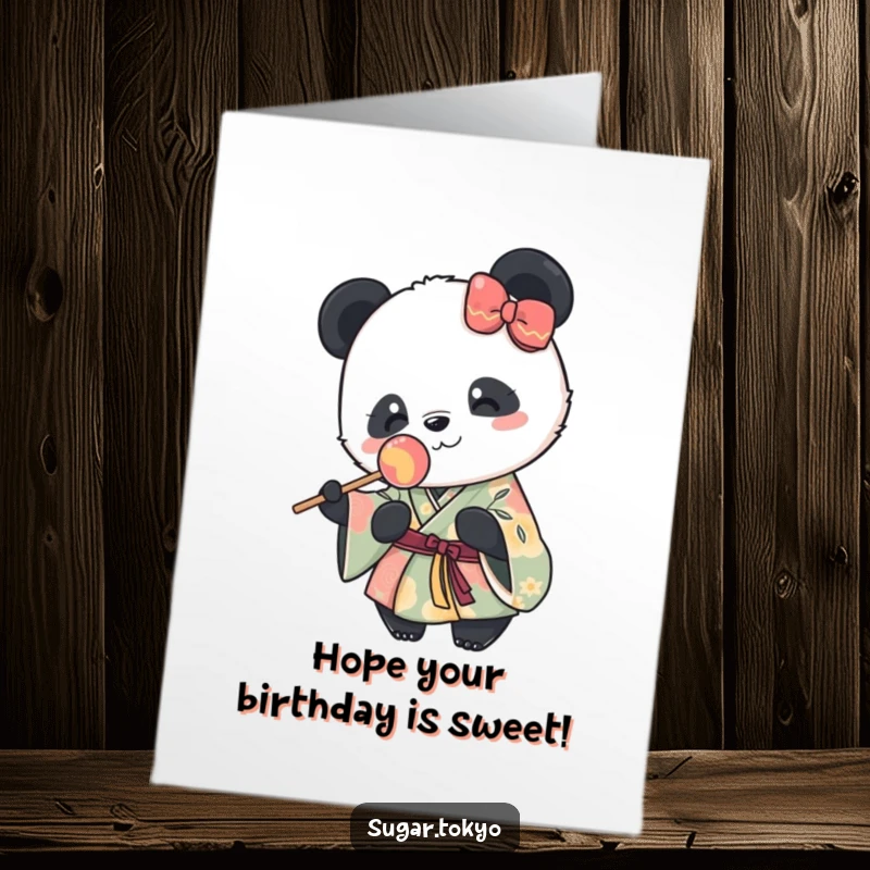 Funny Free Printable Birthday Card: Cute panda in vibrant kimono happily holding a lollipop, a humorous downloadable gift.