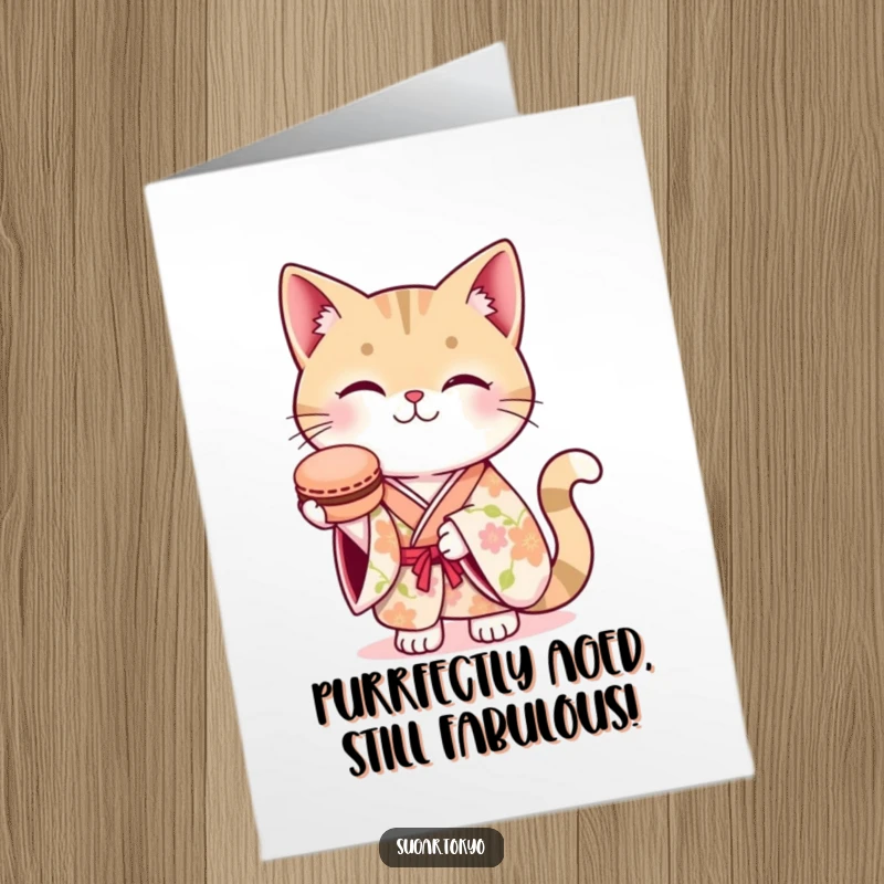 Funny Free Printable Birthday Card: Adorable cat in floral kimono gracefully offers a macaron, spreading birthday cheer with a sweet treat.