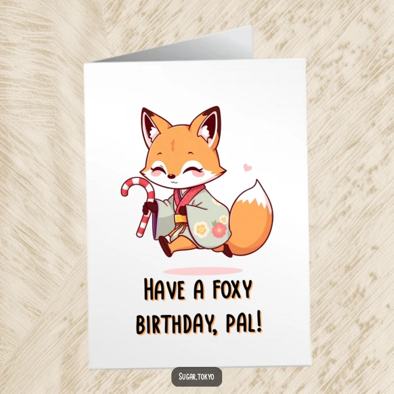 Funny Free Printable Birthday Card: Playful fox in colorful kimono skipping with a candy cane, a humorous downloadable gift.