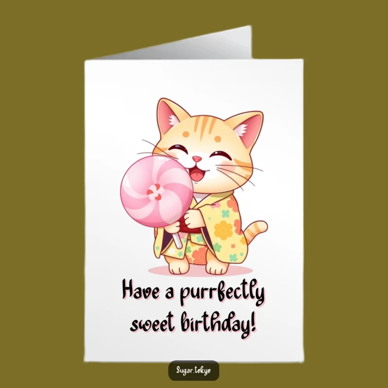 Free Printable Birthday Card Cat: Sweet Lollipop Wishes Downloadable