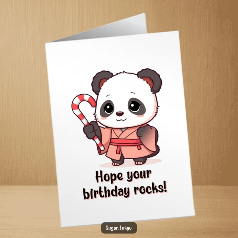 Funny Free Printable Birthday Card: Curious panda in silk kimono holding a swirled candy cane, wishing a sweet birthday.