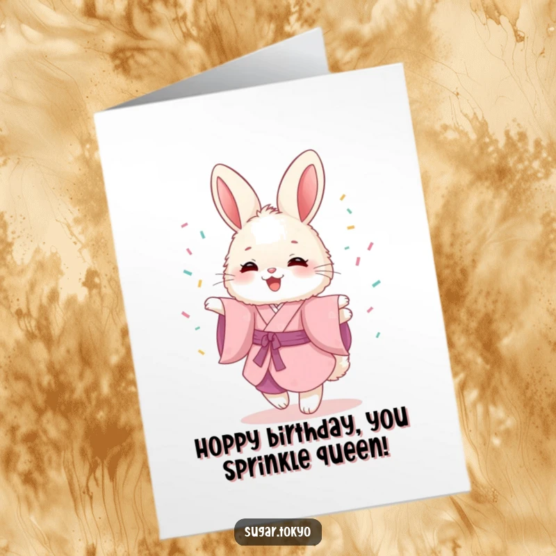 Funny Free Printable Birthday Card: A happy bunny in a pink kimono joyfully twirls amidst a shower of colorful sprinkles.