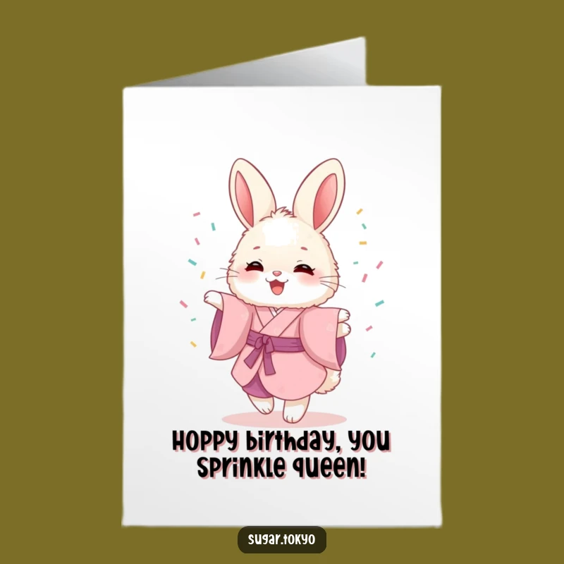 Free Printable Birthday Card: Bunny in Pink Kimono Twirling with Sprinkles - Funny Gift