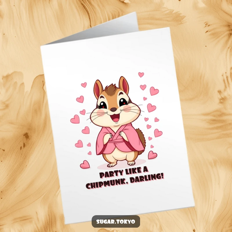 Funny free printable birthday card featuring a happy chipmunk in a pink kimono scattering candy heart confetti for a festive celebration.