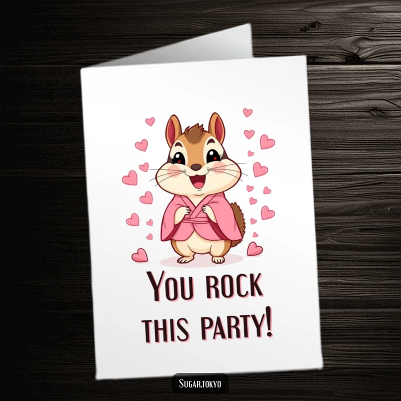 Funny free printable congratulations card showing a happy chipmunk in a pink kimono scattering candy heart confetti for a sweet celebration.