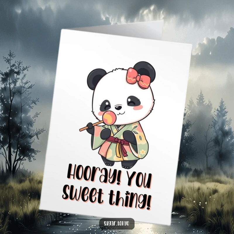 Funny Free Printable Congrats Card: Panda in kimono holding lollipop, celebrating success, a humorous downloadable print.