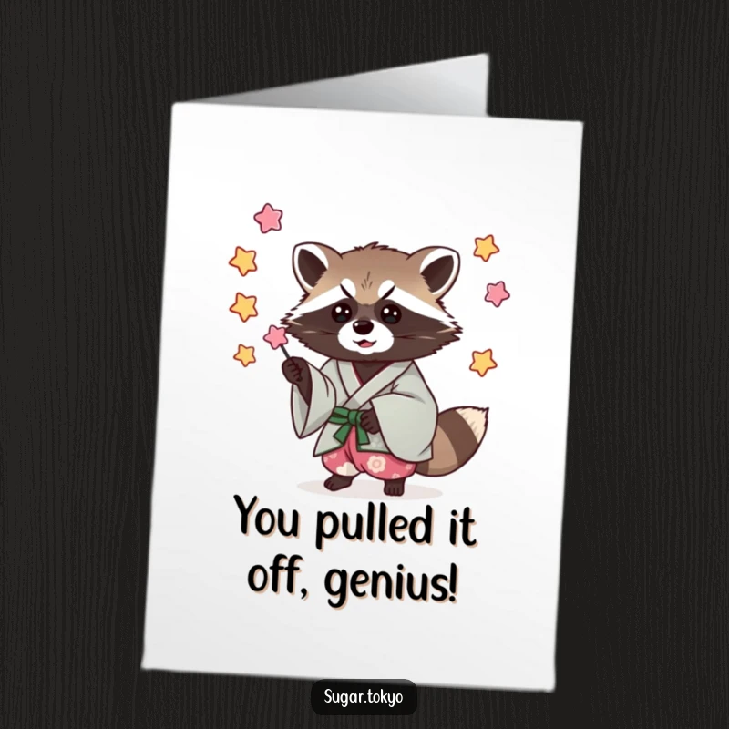 Funny Free Printable Congratulations Card: A mischievous raccoon in a cool kimono snags falling candy stars, celebrating achievements with flair.