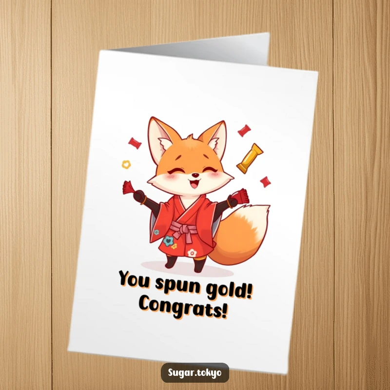 Funny Free Printable Congrats Card: Playful fox in a bright red kimono juggling shiny candy wrappers, celebrating your awesome achievement.