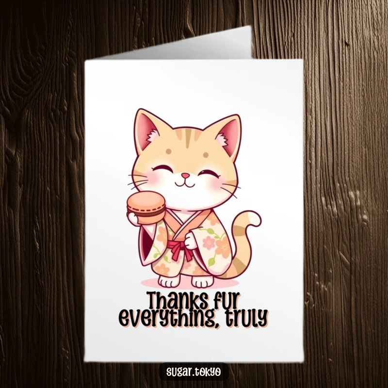 Funny Free Printable Thank You Card: A cat dressed in a floral kimono politely offers a macaron, expressing heartfelt thanks.
