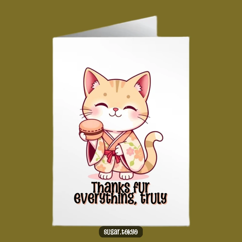 Free Printable Thank You Card: Cat in Kimono Offers Macaron - Grateful Downloadable Note