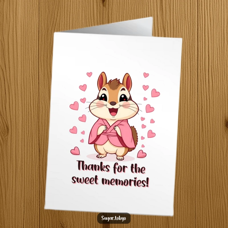 Funny free printable thank you card featuring a happy chipmunk in a pink kimono scattering candy heart confetti to express gratitude.