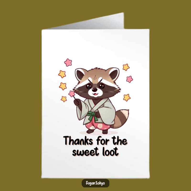 Free Printable Thank You Card: Raccoon Kimono Catching Candy Stars - Funny Gratitude