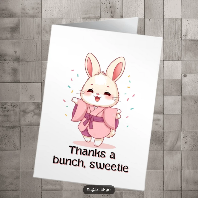 Funny Free Printable Thank You Card: A cheerful bunny in a pink kimono twirls gracefully, scattering playful sprinkles with thanks.