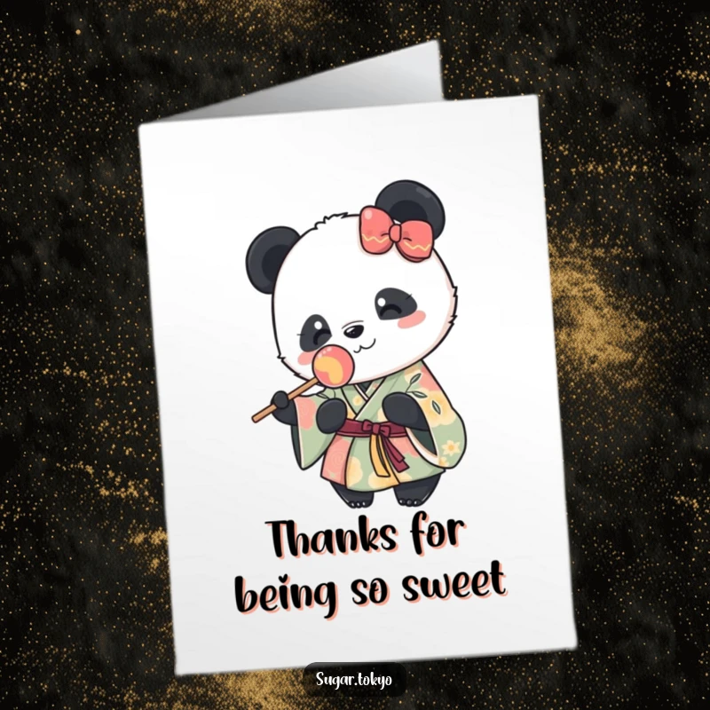 Funny Free Printable Thank You Card: Cute panda in vibrant kimono holding a lollipop, a humorous thank you note.