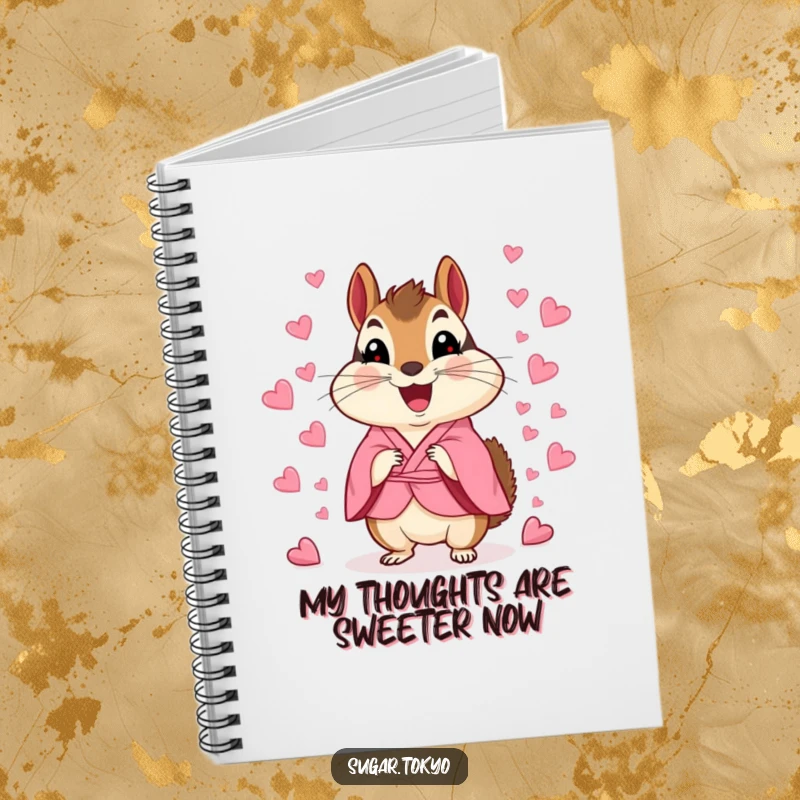 Funny chipmunk in a pink kimono scattering heart confetti, a cute and inspiring notebook for creative minds.