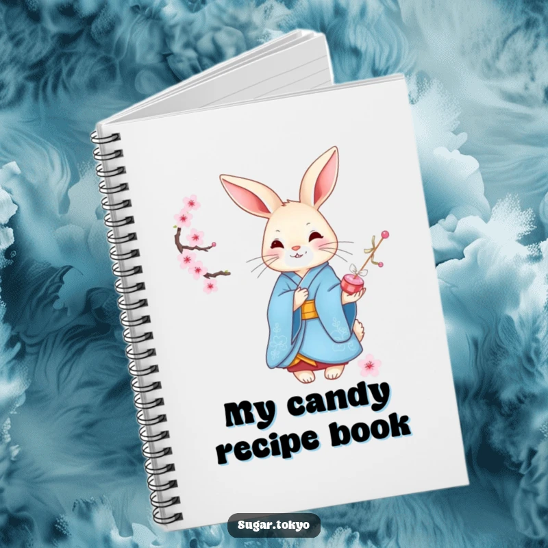 Funny graceful rabbit in a blue kimono offering cherry blossom candies on a lined notebook, perfect for elegant and funny note-taking.