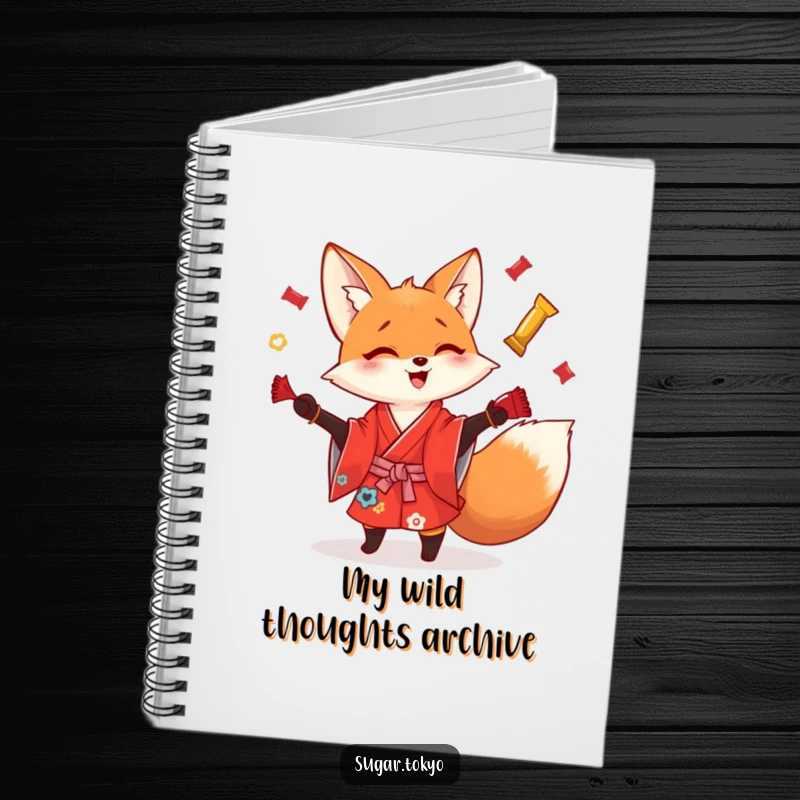 Funny playful fox in a red kimono juggling shiny candy wrappers on a lined notebook, perfect for mischievous and funny note-taking.