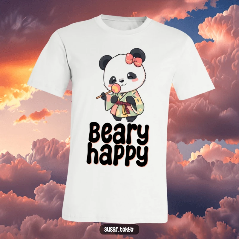 Funny t-shirt design of a cute panda in a vibrant kimono happily holding a colorful lollipop, capturing adorable and humorous sweetness.
