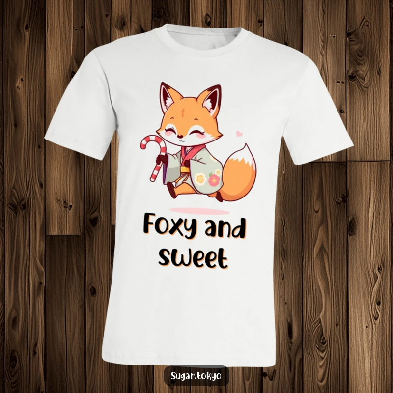 Funny t-shirt design of a playful fox in a colorful kimono skipping with a candy cane, capturing energetic and humorous sweetness.
