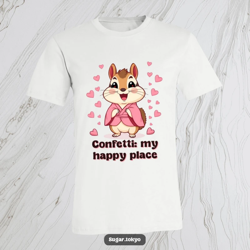 Funny chipmunk wearing a pink kimono, joyfully scattering heart-shaped candies as confetti on a t-shirt.