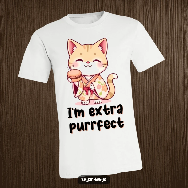 Funny t-shirt featuring a smiling cat in a floral kimono, gracefully presenting a single macaron, radiating sweetness and joy.