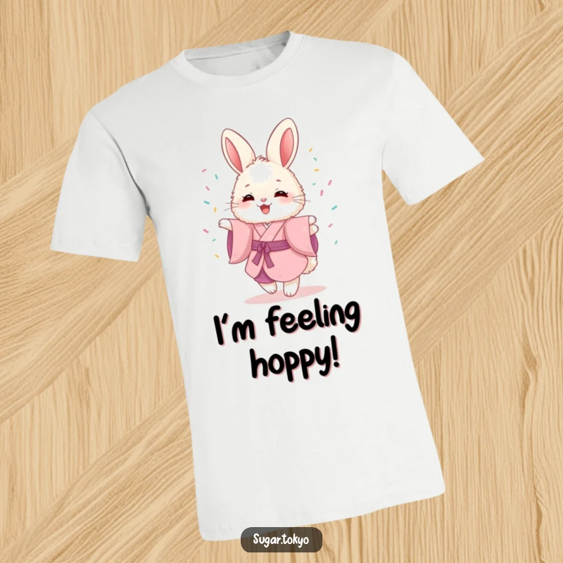 Funny t-shirt featuring a fluffy bunny in a pink kimono, joyfully twirling with a cascade of colorful sprinkles.