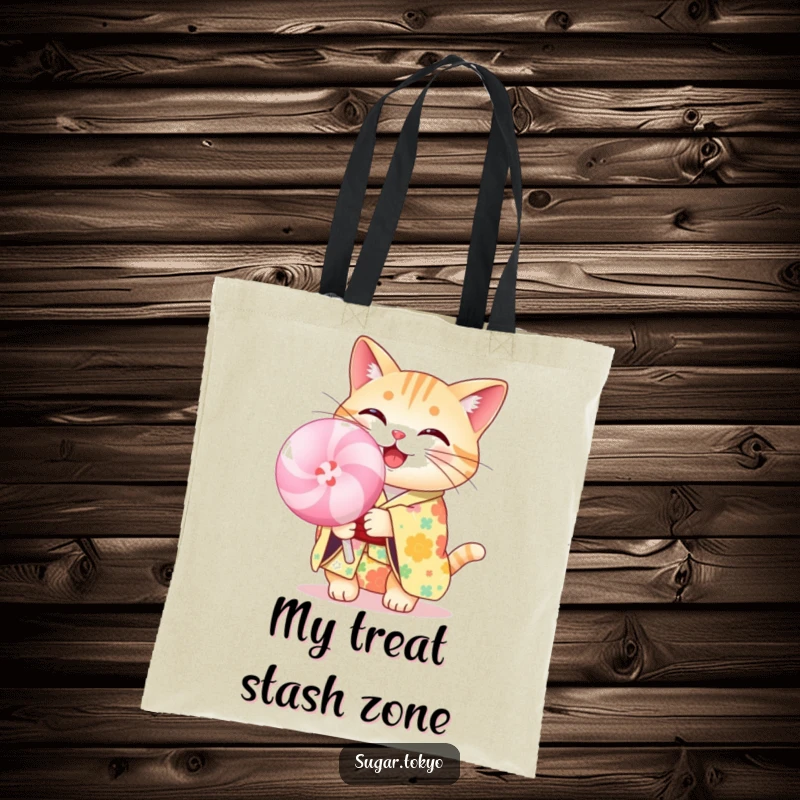 Funny cheerful cat in a floral kimono holding a large pastel lollipop on a durable tote bag, showcasing cute and humorous flair.