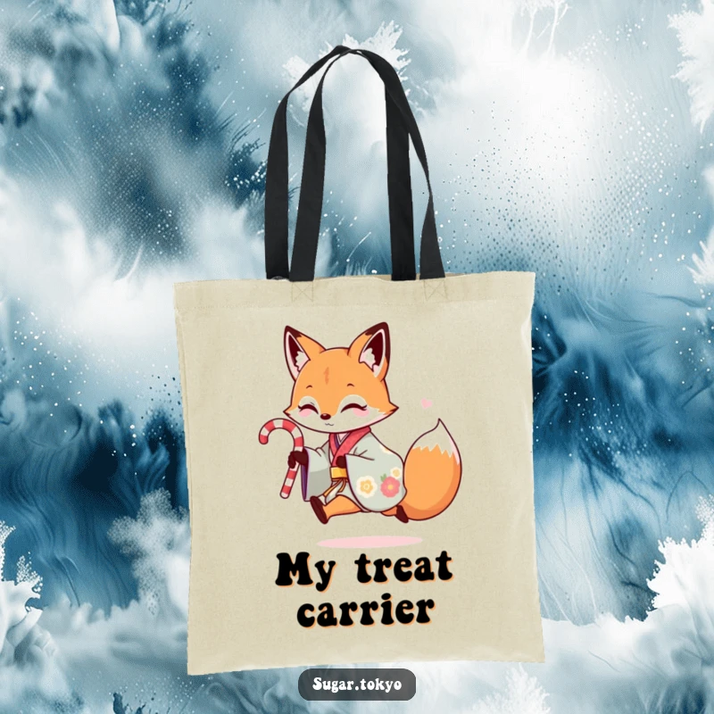 Funny tote bag with a playful fox in a colorful kimono skipping with a candy cane, a humorous and functional accessory.
