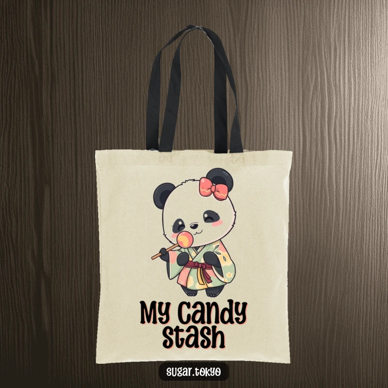 Funny tote bag with a cute panda in a vibrant kimono happily holding a lollipop, a humorous and functional accessory.