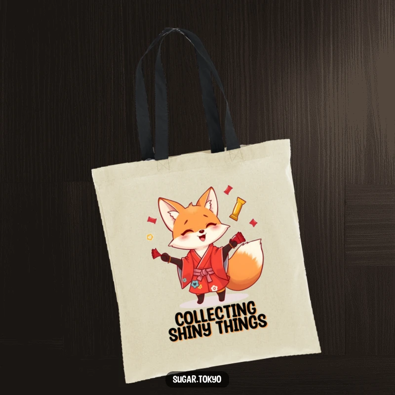 Funny playful fox in a bright red kimono juggling shiny candy wrappers on a durable tote bag, showcasing mischievous and funny practicality.