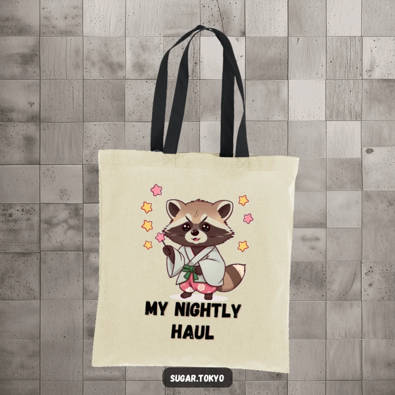 Funny tote bag showcasing a mischievous raccoon in a cool kimono, catching falling candy stars, perfect for unique carrying.